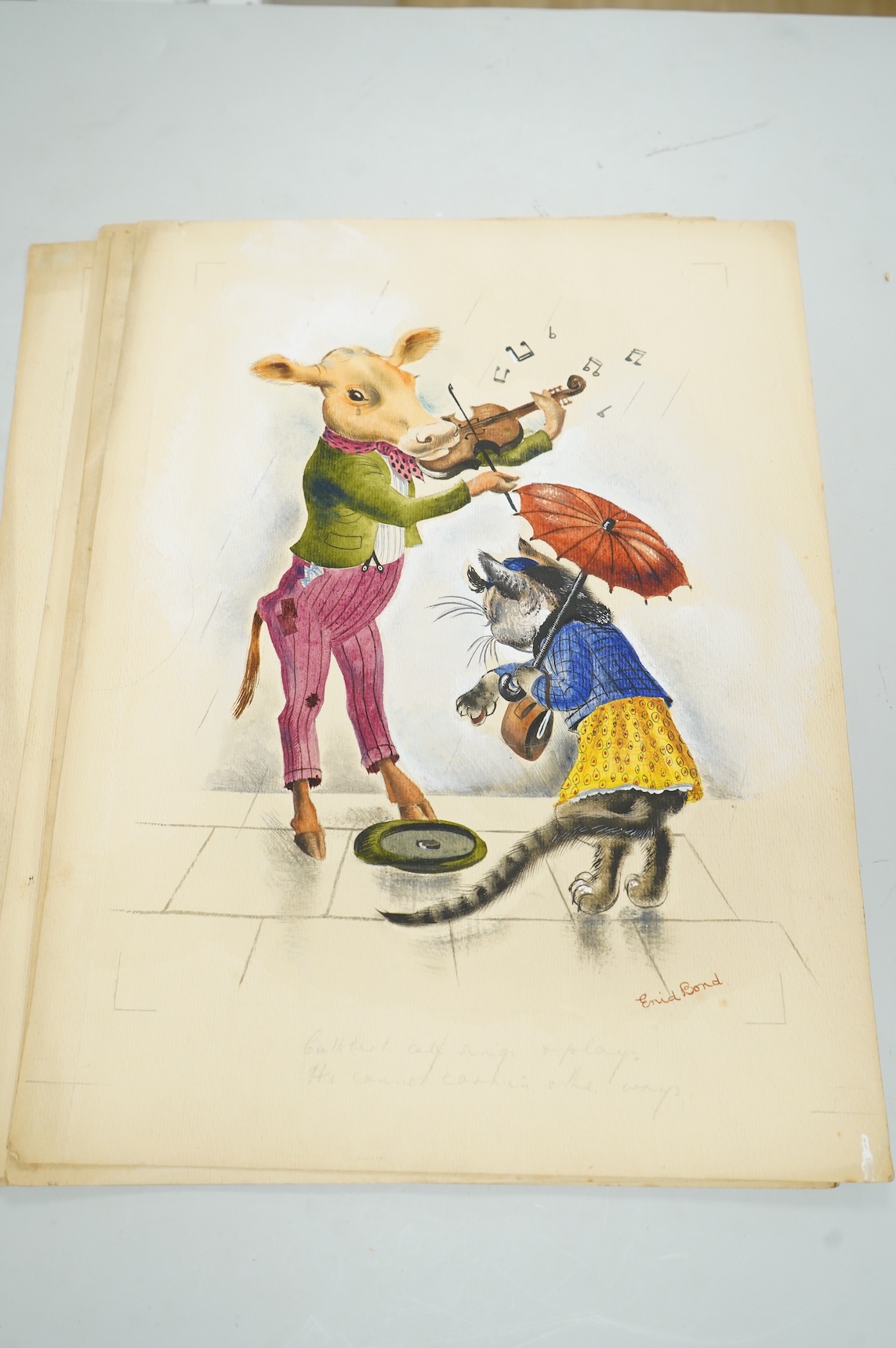 Enid Bond (20th. C), Set of six original watercolours for postcard designs, Humorous animals to include: cats, squirrels and badgers, each signed and inscribed in pencil, unframed, 36 x 27cm